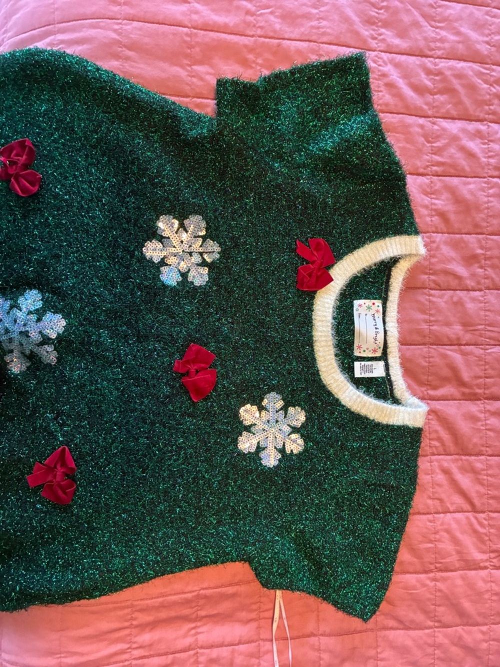 Green Sequin Snowflake Sweater Dress with Red Bows